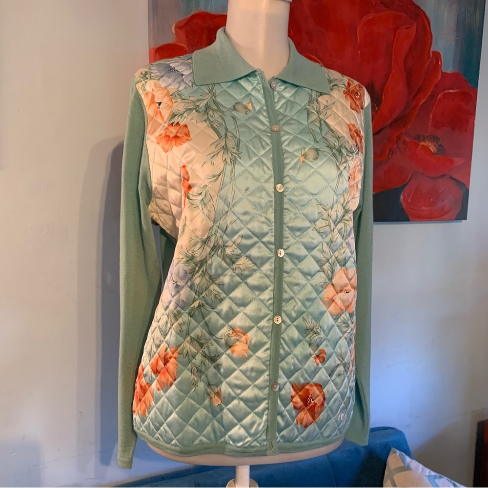 BALLA VALENTINA 38 4/6 Quilted Silk Charmeuse Floral Wool Silk Cardigan Sweater